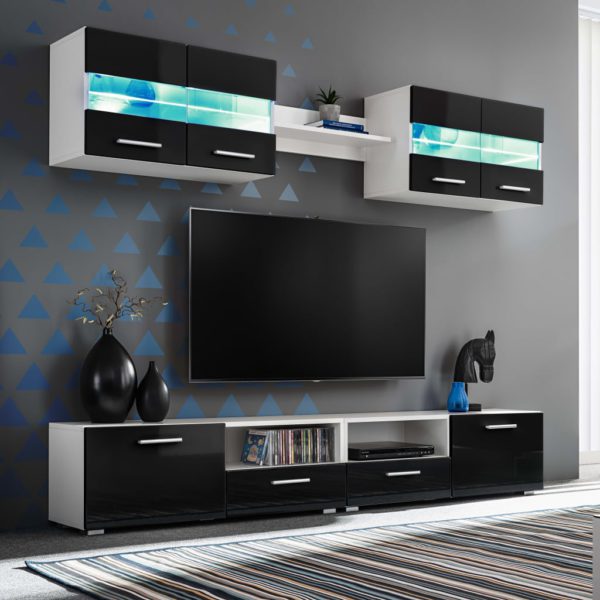 vidaXL TV-veggenhet sett 5 stk med LED-lys høyglans svart