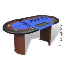 10-spiller pokerbord med dealer-område og chip-skuff blå