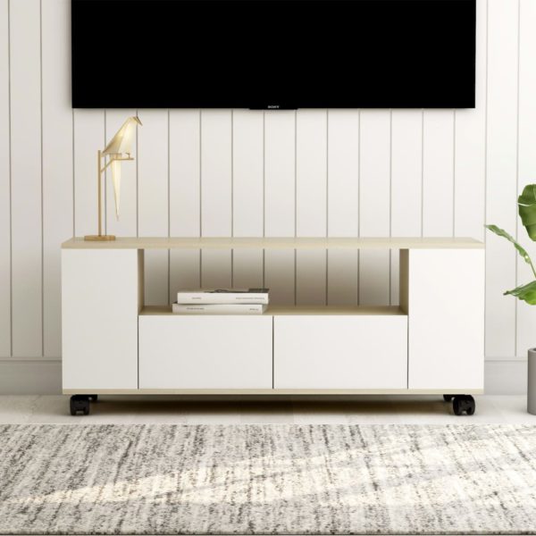 TV-benk hvit og sonoma eik 120x35x48 cm konstruert tre