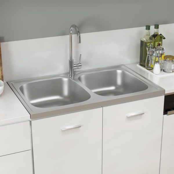 vidaXL Dobbel kjøkkenvask sølv 800x500x155 mm rustfritt stål