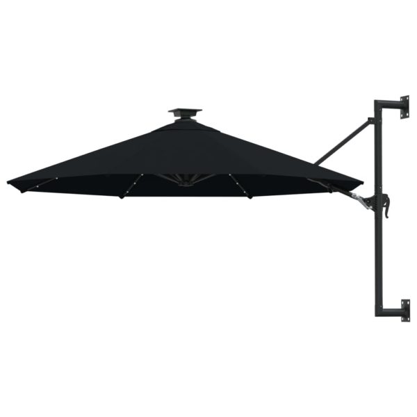 Veggmontert parasoll med LED og metallstolpe 300 cm svart