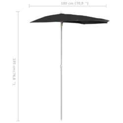 Halvrund parasoll med stang 180×90 cm svart
