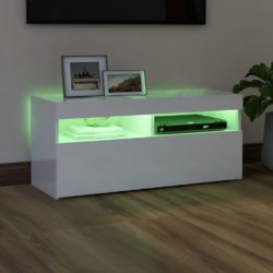 TV-benk med LED-lys høyglans hvit 90x35x40 cm