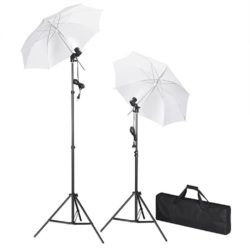 Fotostudiosett med lamper, paraplyer, bakgrunn og reflektor