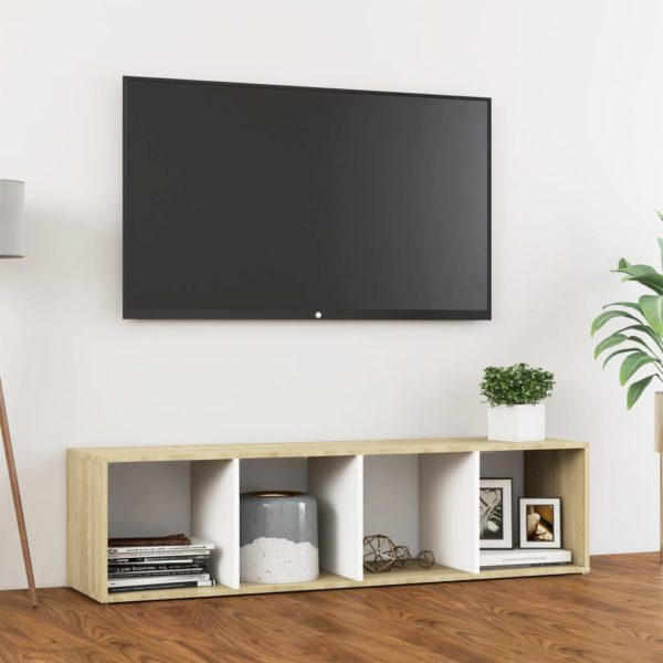 TV-benk hvit og sonoma eik 142,5x35x36,5 cm sponplate