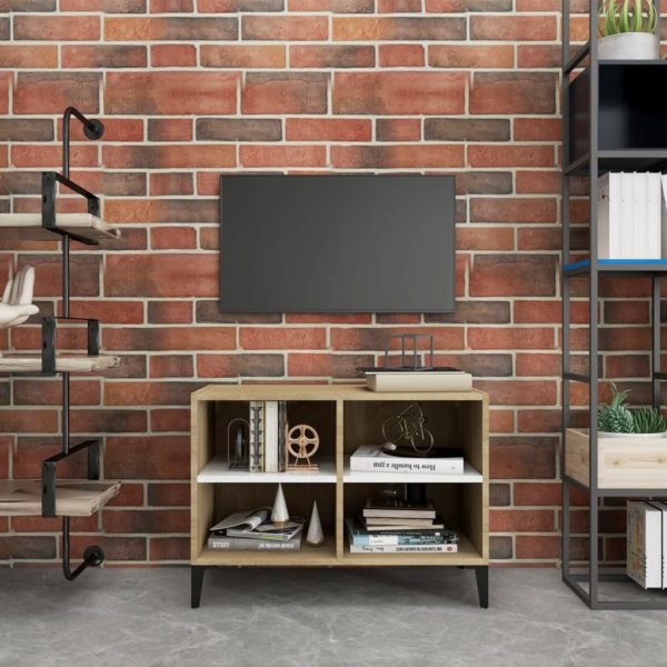 vidaXL TV-benk med metallben hvit og sonoma eik 69,5x30x50 cm