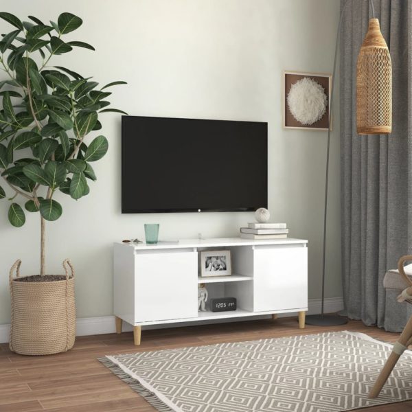 vidaXL TV-benk med ben i heltre høyglans hvit 103,5x35x50 cm