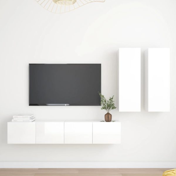 vidaXL TV-benksett 4 deler høyglans hvit sponplate