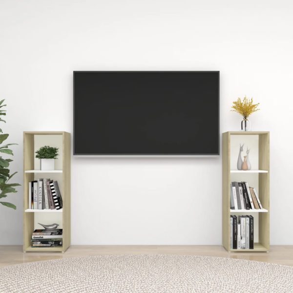 TV-benker 2 stk hvit og sonoma eik 107x35x37 cm sponplate