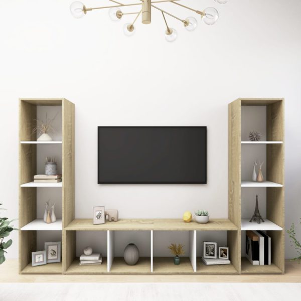 vidaXL TV-benker 3 stk hvit og sonoma eik 142,5x35x36,5 cm sponplate