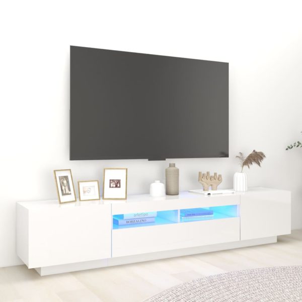 TV-benk med LED-lys høyglans hvit 200x35x40 cm