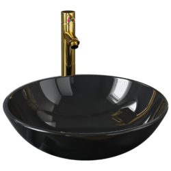 Baderomsvask med kran og trykkavløp svart herdet glass