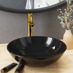 vidaXL Baderomsvask med kran og trykkavløp svart herdet glass
