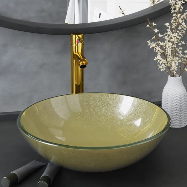 vidaXL Baderomsvask med kran og trykkavløp gull herdet glass