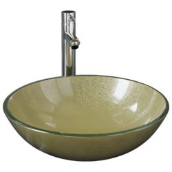 Baderomsvask med kran og trykkavløp gull herdet glass