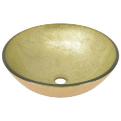 Baderomsvask med kran og trykkavløp gull herdet glass