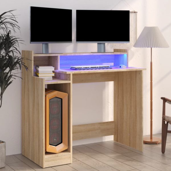 Skrivebord med LED-lys sonoma eik 97x45x90 cm konstruert tre