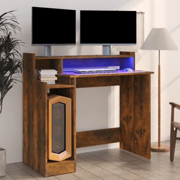 vidaXL Skrivebord med LED-lys røkt eik 97x45x90 cm konstruert tre