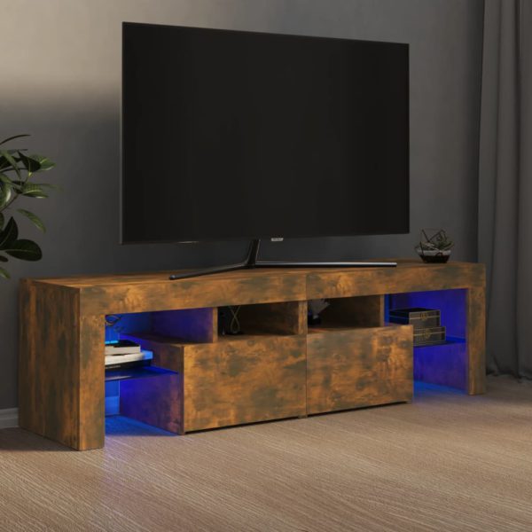 TV-benk med LED-lys røkt eik 140×36,5×40 cm