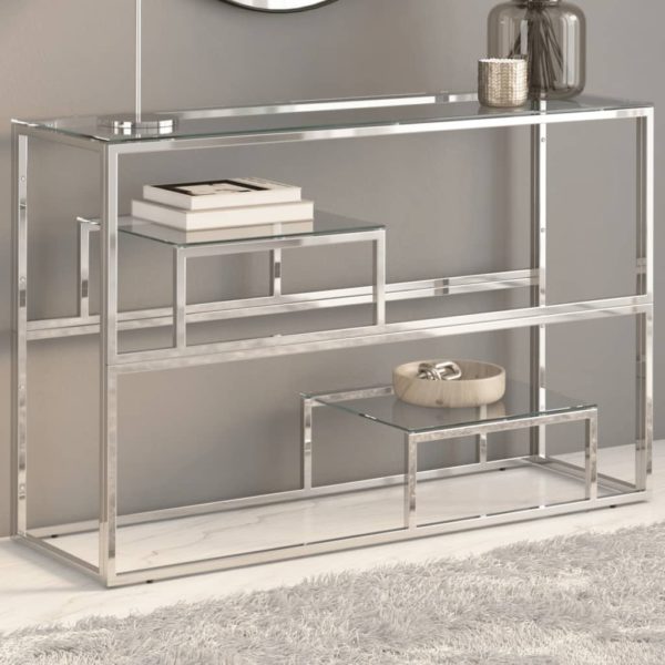 Konsollbord sølv rustfritt stål og herdet glass