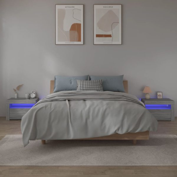 Nattbord 2 stk med LED-lys grå sonoma 60x35x40 cm