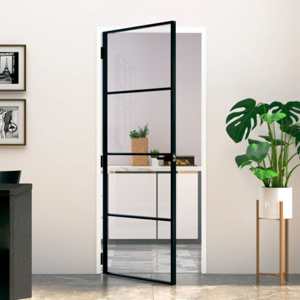 vidaXL Innerdør svart 83×201,5 cm herdet glass og aluminium slank
