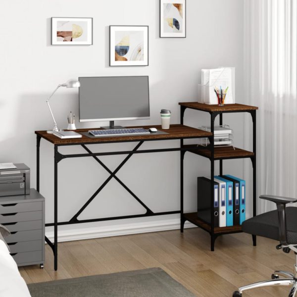 vidaXL Skrivebord med hyller brun eik 135x50x90 cm konstruert tre jern