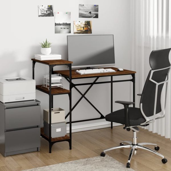 vidaXL Skrivebord med hyller brun eik 105x50x90 cm konstruert tre jern