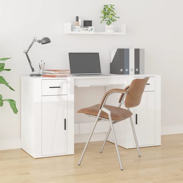 vidaXL Skrivebord med skap høyglans hvit konstruert tre