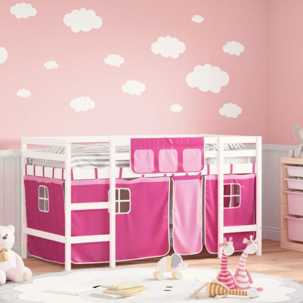 Køyeseng for barn med gardiner rosa 80×200 cm heltre furu