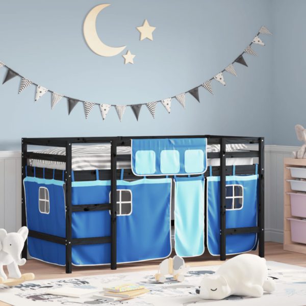 Køyeseng for barn med gardiner blå 80×200 cm heltre furu