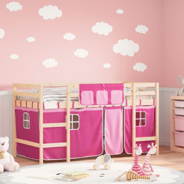 vidaXL Køyeseng for barn med gardiner rosa 90×200 cm heltre furu
