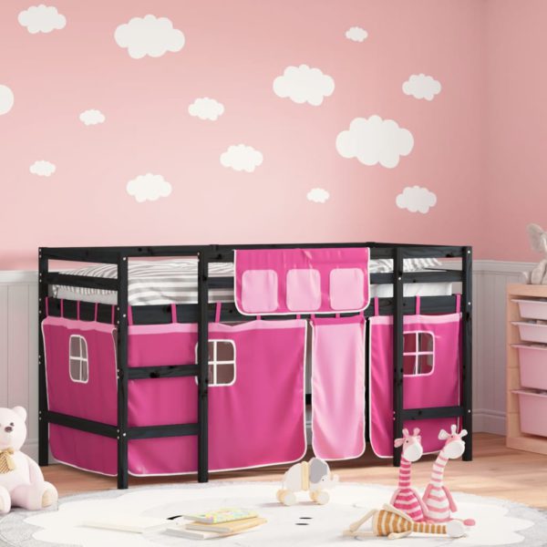 Køyeseng for barn med gardiner rosa 90×190 cm heltre furu