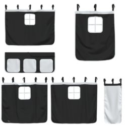 Køyeseng for barn gardiner hvit og svart 90×200 cm heltre furu