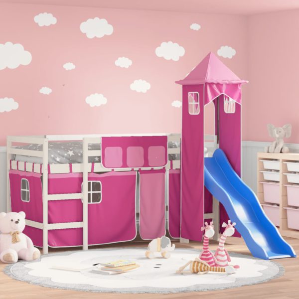 Køyeseng for barn med tårn rosa 80×200 cm heltre furu