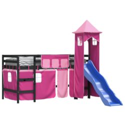 Køyeseng for barn med tårn rosa 90×190 cm heltre furu