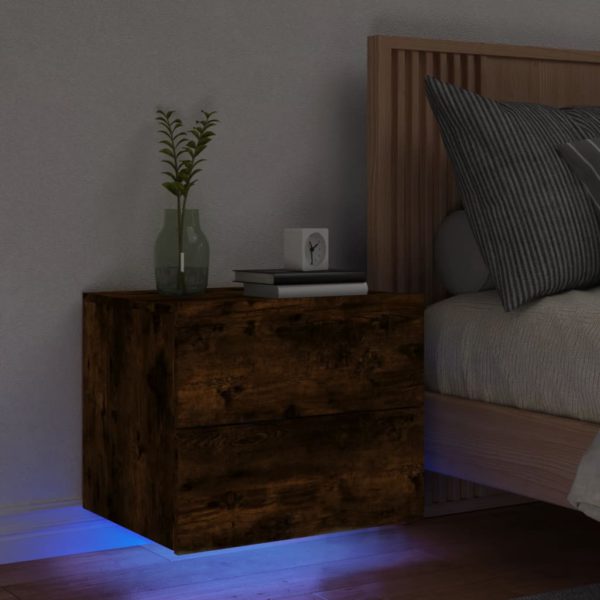 vidaXL Vegghengt nattbord med LED-lys røkt eik