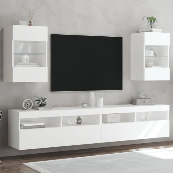 vidaXL Vegghengte TV-benker med LED 2 stk hvit 40x30x60,5 cm