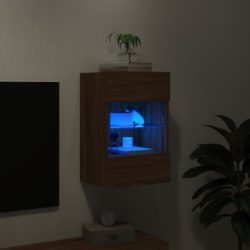 Vegghengt TV-benk med LED-lys brun eik 40x30x60,5 cm