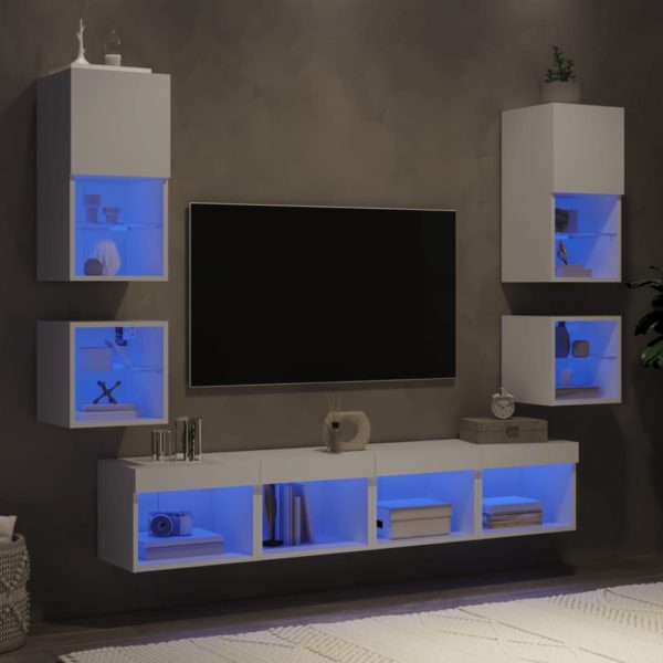 vidaXL Vegghengte TV-enheter med LED 8 deler hvit konstruert tre