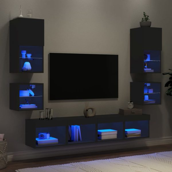 vidaXL Vegghengte TV-enheter med LED 8 deler svart konstruert tre