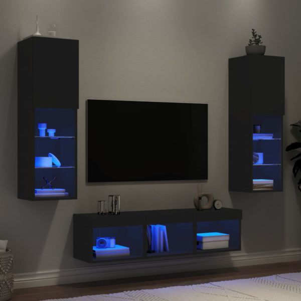 Vegghengte TV-enheter med LED 5 deler svart konstruert tre
