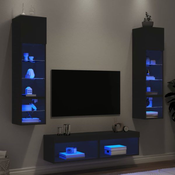 vidaXL Vegghengte TV-enheter med LED 6 deler svart konstruert tre