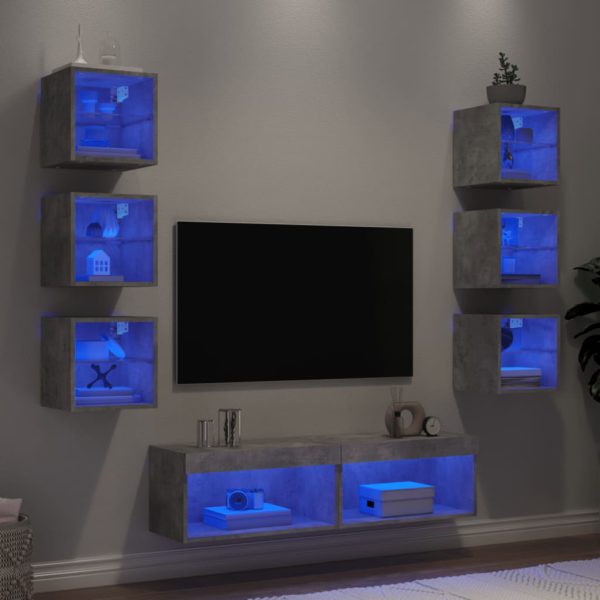 vidaXL Vegghengte TV-enheter med LED 8 deler betonggrå konstruert tre