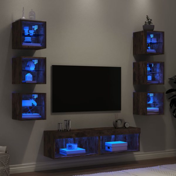 vidaXL Vegghengte TV-enheter med LED 8 deler røkt eik konstruert tre