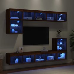 Vegghengte TV-enheter med LED 8 deler brun eik konstruert tre