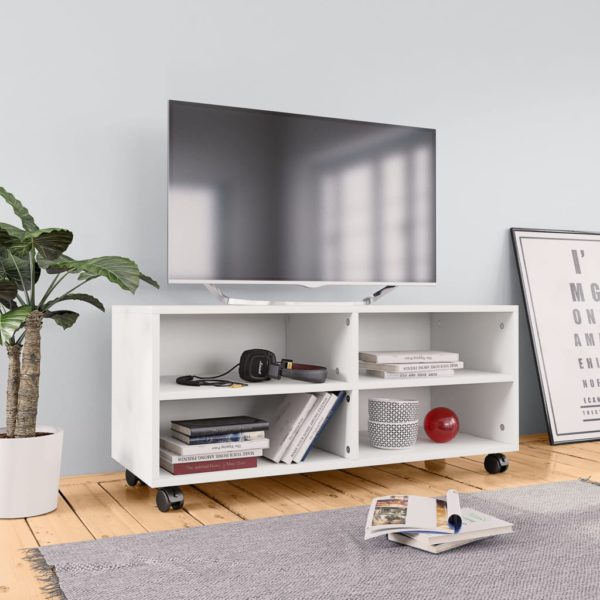 TV-benk med hjul hvit 90x35x35 cm konstruert tre