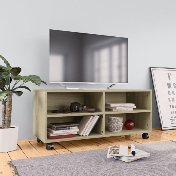 TV-benk med hjul sonoma eik 90x35x35 cm konstruert tre