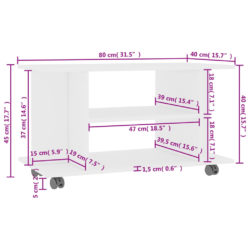 TV-benk med hjul hvit 80x40x45 cm konstruert tre