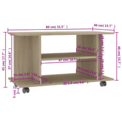 TV-benk med hjul sonoma eik 80x40x45 cm konstruert tre